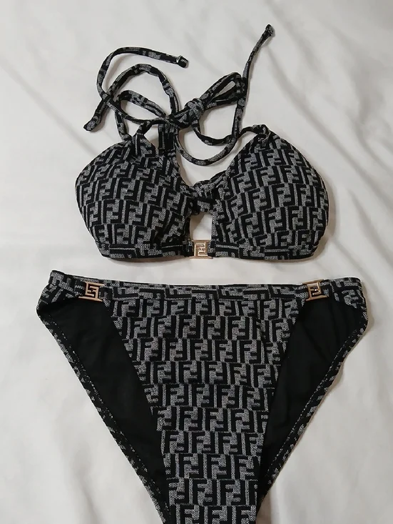 Fendi Black & Gray Logo Print Bikini Set - Picture 1 of 4